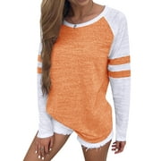 STARVNC Women Crew Neck Stripe Splice Raglan Long Sleeve Top