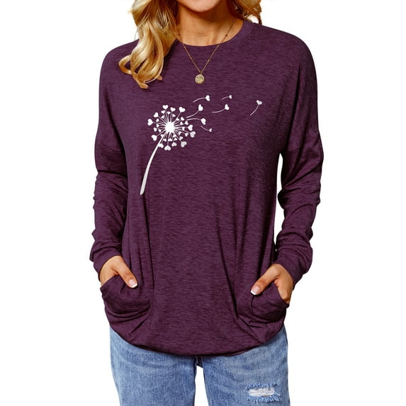 STARVNC Women Dandelion Heart Graphic Long Sleeve Round Neck Top