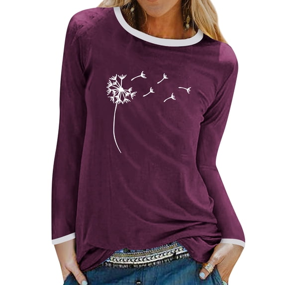 STARVNC Women Dandelion Pattern Print Crew Long Sleeve Top