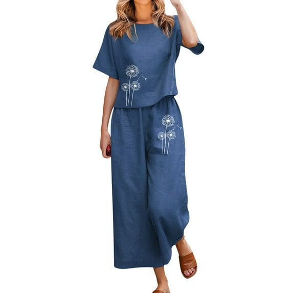 STARVNC Women Dandelion Print Short Sleeve Wide Leg Pants Loungewear Sets