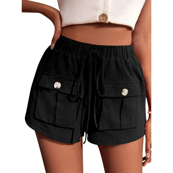 STARVNC Women Drawstring Elastic Waist Front Pockets Buttons Cargo Shorts