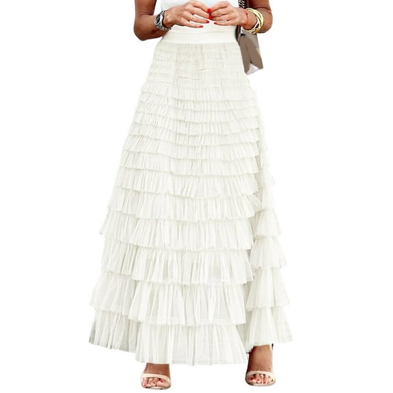 STARVNC Women Elastic High Waist Pleated Tiered Fairy Prom Tulle Cake Long Skirt