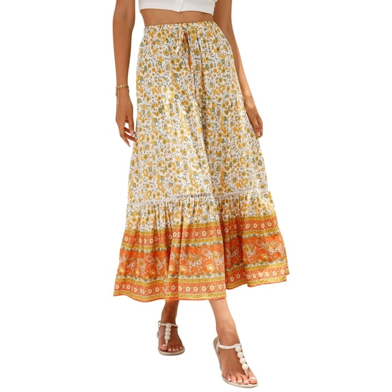 STARVNC Women Floral Print Lace Up Elastic Waist Boho Style Midi Skirt
