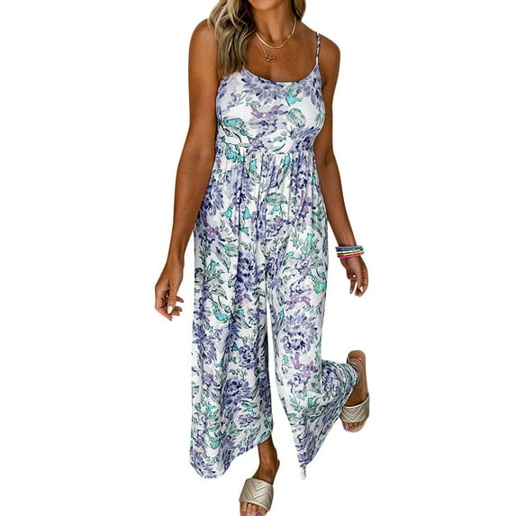 STARVNC Women Floral Print Open Back Sleeveless Wide Leg Sling Romper