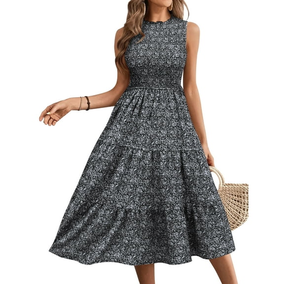 STARVNC Women Floral Print Ruffle Crew Neck Sleeveless Midi Dress