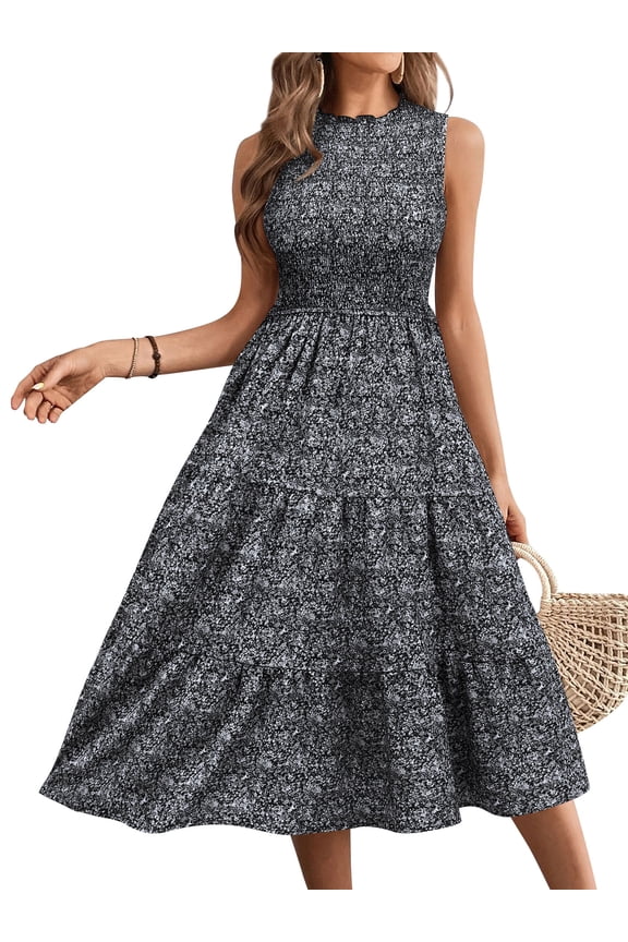 STARVNC Women Floral Print Ruffle Crew Neck Sleeveless Midi Dress