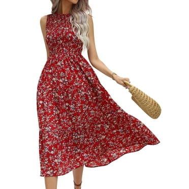 STARVNC Women Floral Print Ruffle Crew Neck Sleeveless Midi Dress
