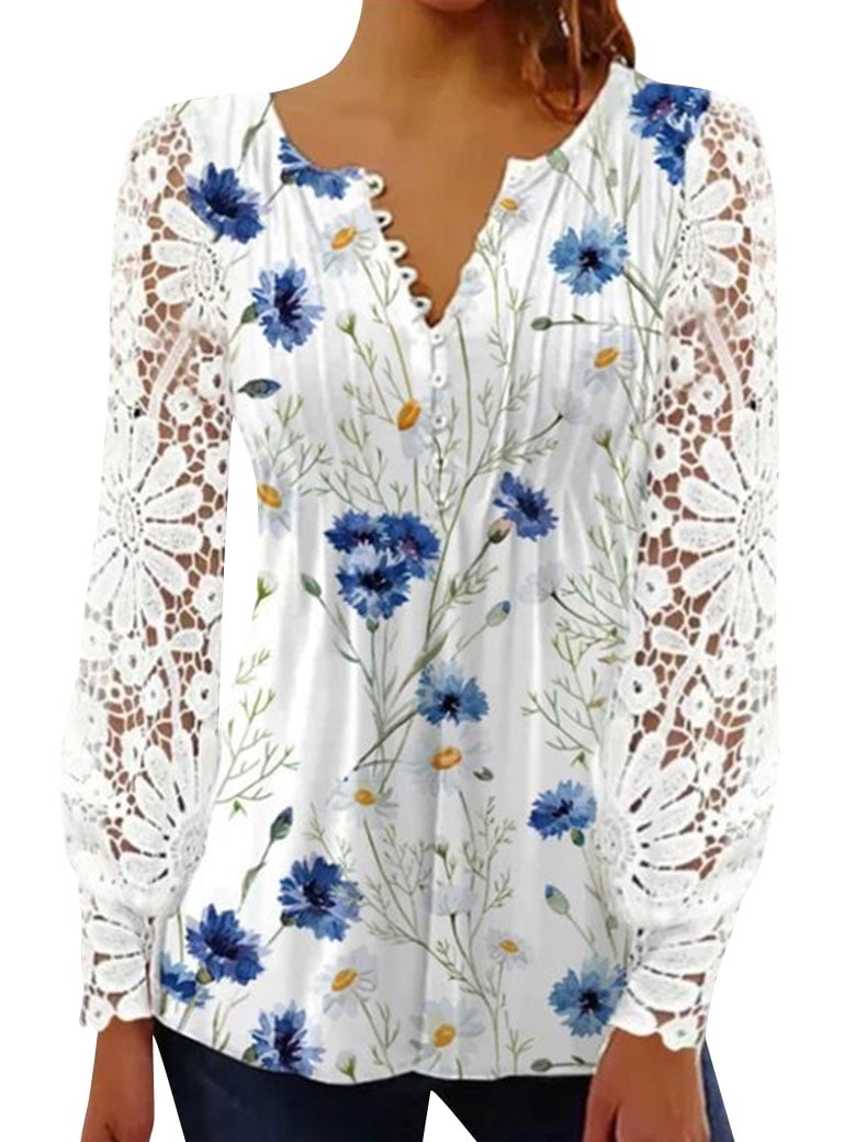 Floral V Neck Button Ruffle Long Sleeve Top