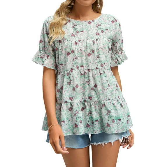 STARVNC Women Floral Printed Crew Neck Ruffle Short Sleeve Chiffon Blouse