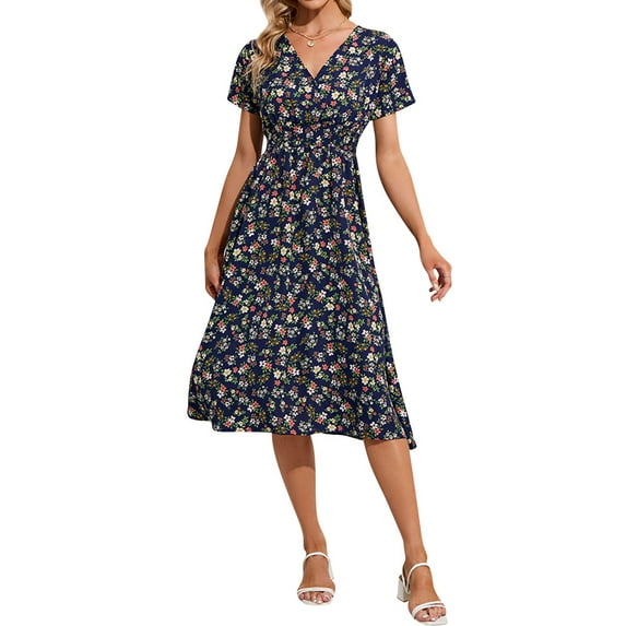 STARVNC Women Floral Printed V Neck Short Sleeve Elastic Waist Midi Dress