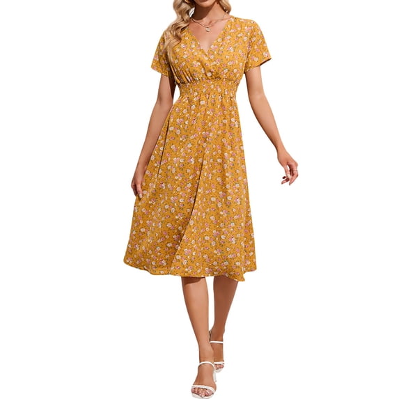 STARVNC Women Floral Printed V Neck Short Sleeve Elastic Waist Midi Dress