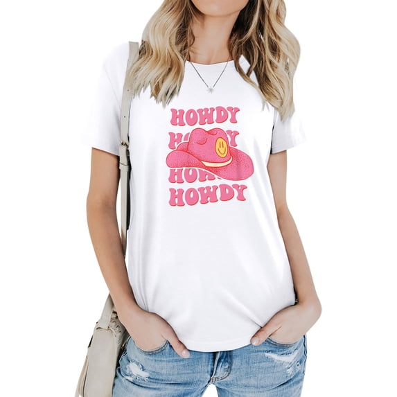 STARVNC Women Hat Graphic Letter Print Crew Neck Short Sleeve T-Shirt