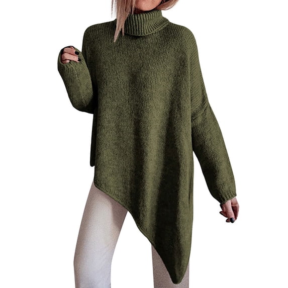STARVNC Women High Neck Irregular Long Sleeve Knitted Sweater