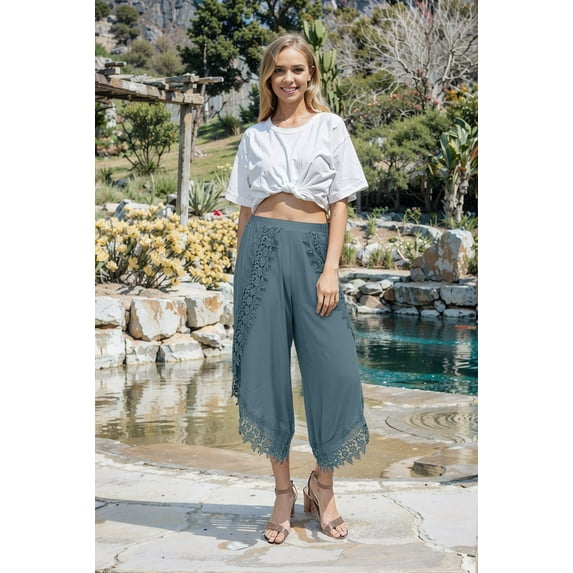 STARVNC Women High Waist Boho Lace Stitching Solid Color Pants