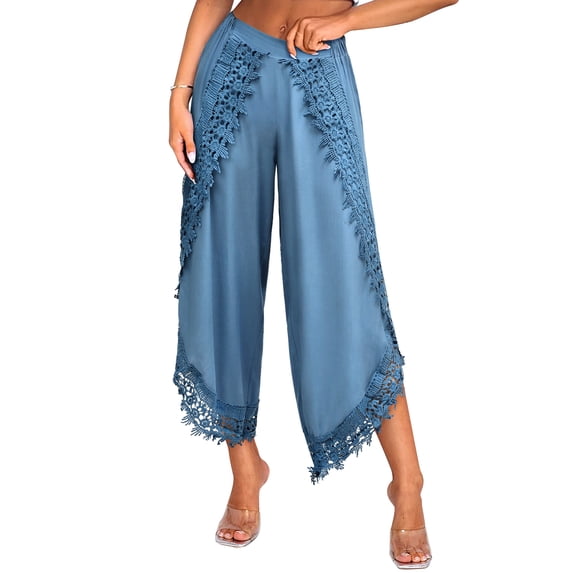 STARVNC Women High Waist Boho Lace Stitching Solid Color Pants
