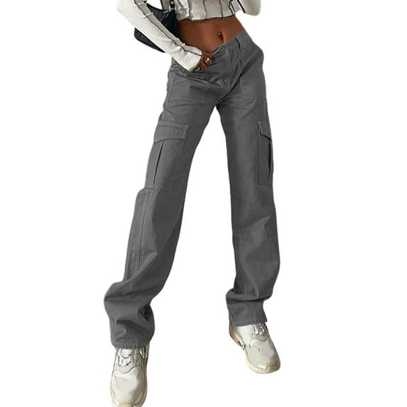 STARVNC Women High Waist Multi Pockets Zip Up Cargo Washed Distressed Pants