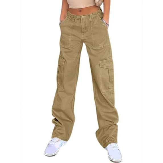 STARVNC Women High Waist Multi Pockets Zip Up Cargo Washed Distressed Pants