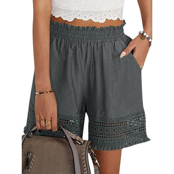 STARVNC Women Hollow Out Ruffle High Waisted Smocked Pocket Shorts