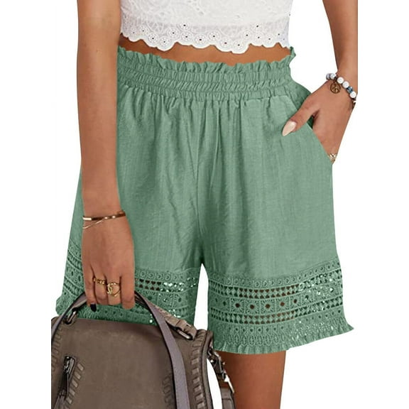 STARVNC Women Hollow Out Ruffle High Waisted Smocked Pocket Shorts