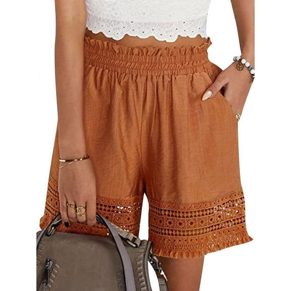STARVNC Women Hollow Out Ruffle High Waisted Smocked Pocket Shorts