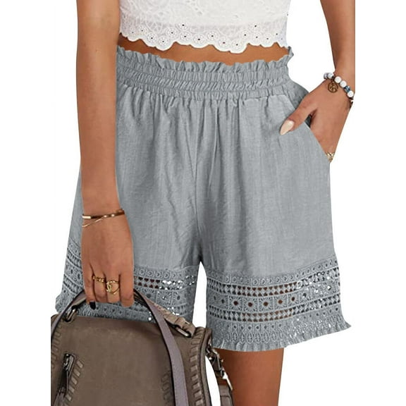 STARVNC Women Hollow Out Ruffle High Waisted Smocked Pocket Shorts
