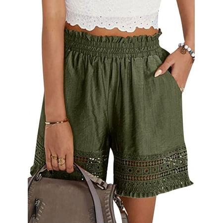 STARVNC Women Hollow Out Ruffle High Waisted Smocked Pocket Shorts