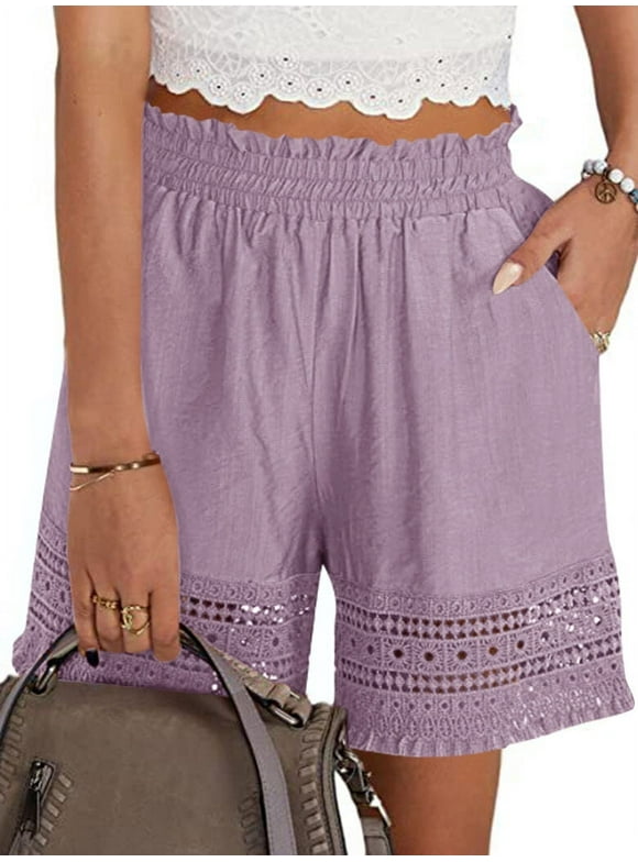 STARVNC Women Hollow Out Ruffle High Waisted Smocked Pocket Shorts