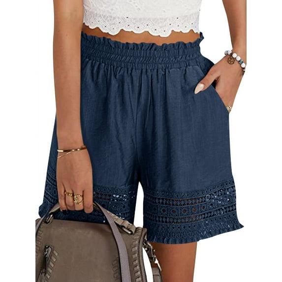 STARVNC Women Hollow Out Ruffle High Waisted Smocked Pocket Shorts