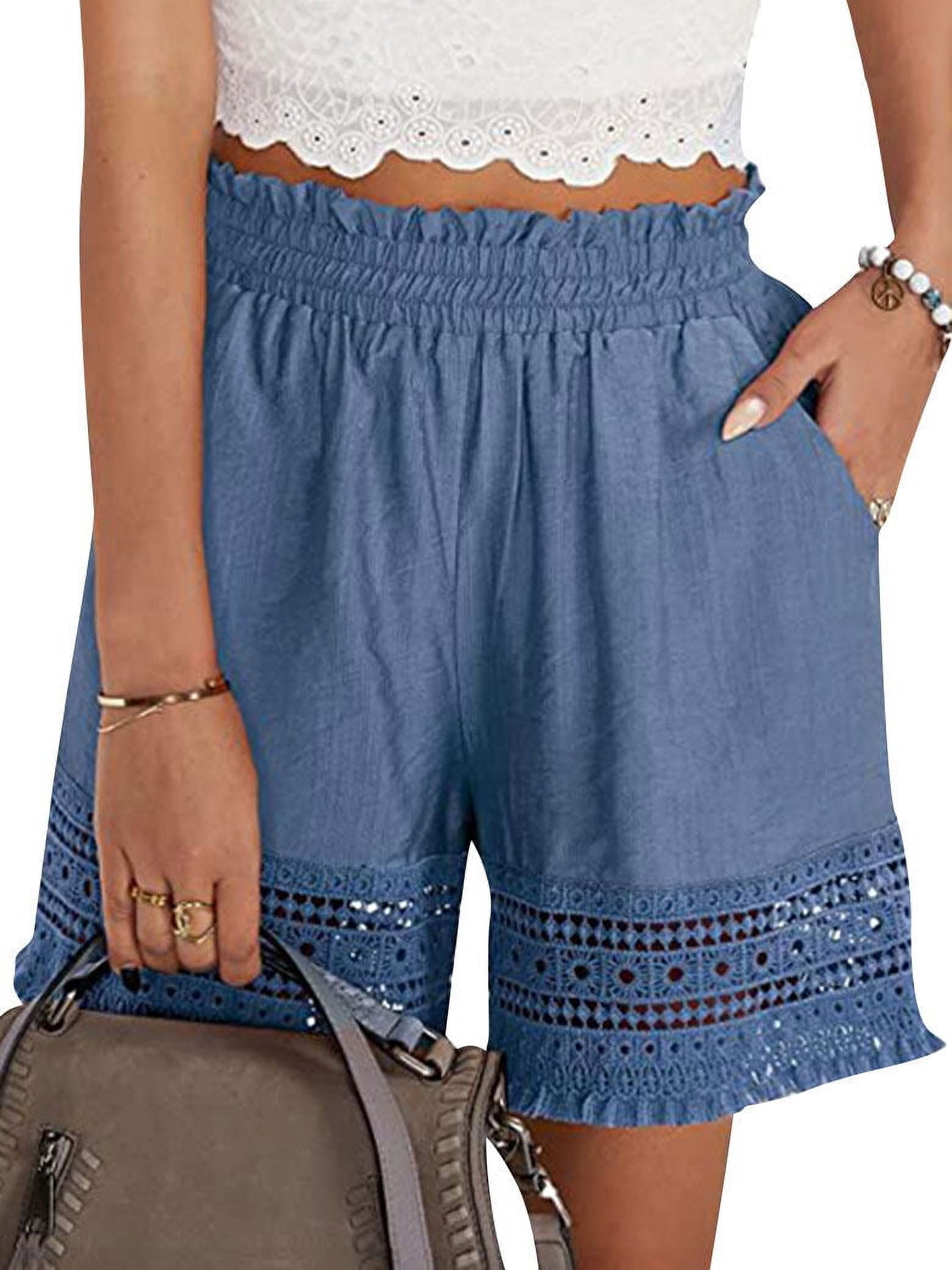 STARVNC Women Hollow Out Ruffle High Waisted Smocked Pocket Shorts