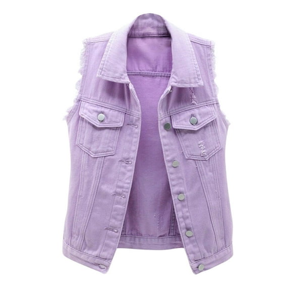 STARVNC Women Lapel Collar Button Down Ripped Sleeveless Denim Vest