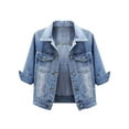 thumbnail image 1 of STARVNC Women Lapel Collar Button Up Pockets 3/4 Sleeve Denim Jacket, 1 of 4