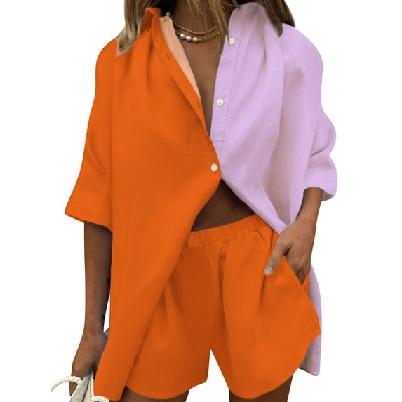 STARVNC Women Lapel Collar Button Up Short Sleeve Contrast Color Loungewear Set