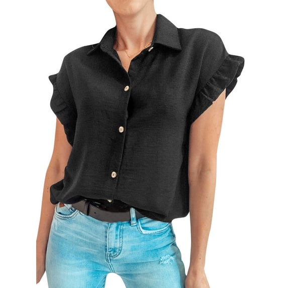 STARVNC Women Lapel Neck Ruffled Sleeve Single Breasted Solid Color Top