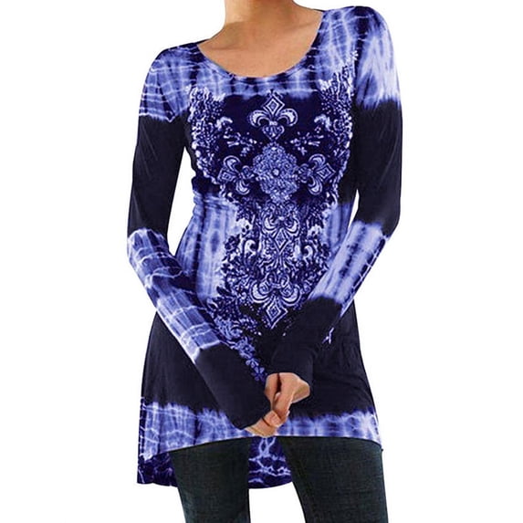 STARVNC Women Long Sleeve Boho Printing Colorblock Splice Tunic Top