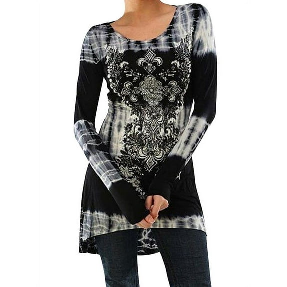 STARVNC Women Long Sleeve Boho Printing Colorblock Splice Tunic Top