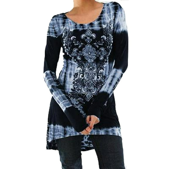 STARVNC Women Long Sleeve Boho Printing Colorblock Splice Tunic Top