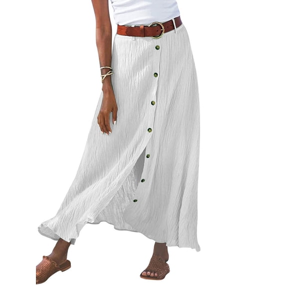 STARVNC Women Mid Waist Button Down Split Hem A-Line Maxi Skirt