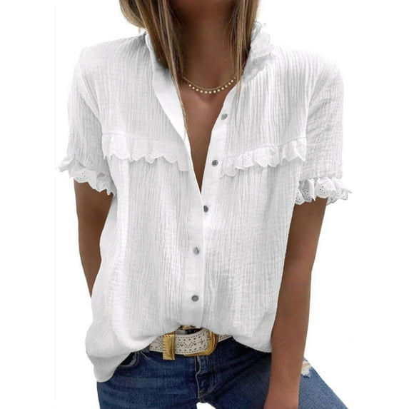 STARVNC Women Mock Neck Short Sleeve Button Lace Splicing Solid Color Top