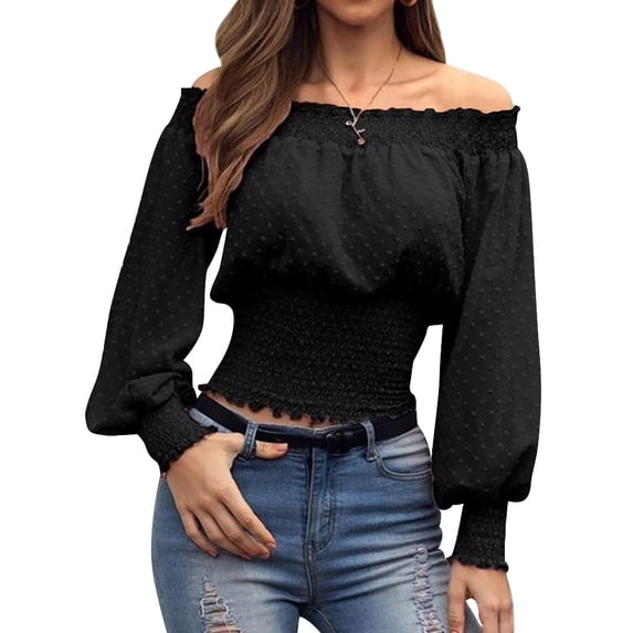 STARVNC Women Off Shoulder Dots Lantern Sleeve Solid Color Top