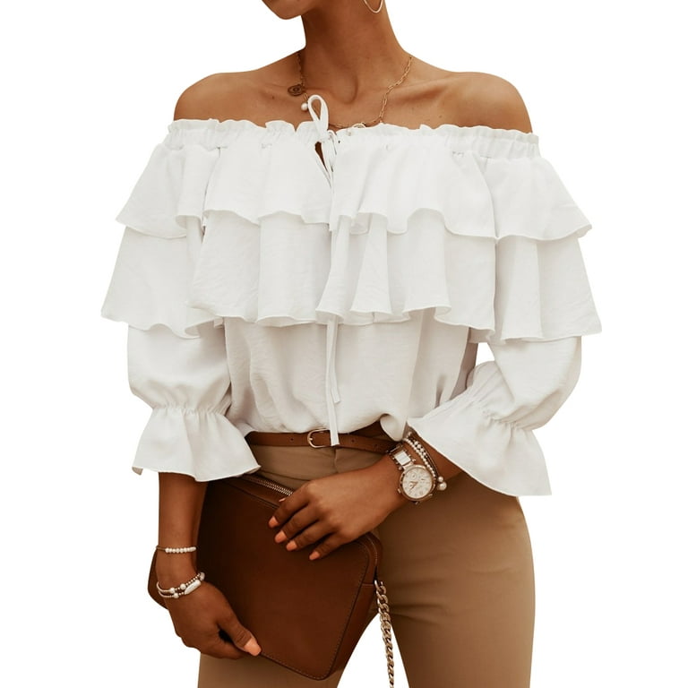 STARVNC Women Off Shoulder Lace Up 3 4 Sleeve Tiered Ruffle Blouse