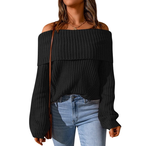 STARVNC Women Off Shoulder Long Sleeve Ribbed Knit Sweater