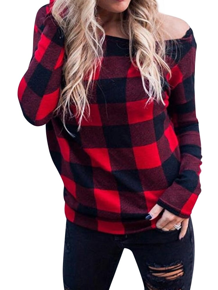 Long Sleeve Red And Black Plaid Off The Shoulder Top Express