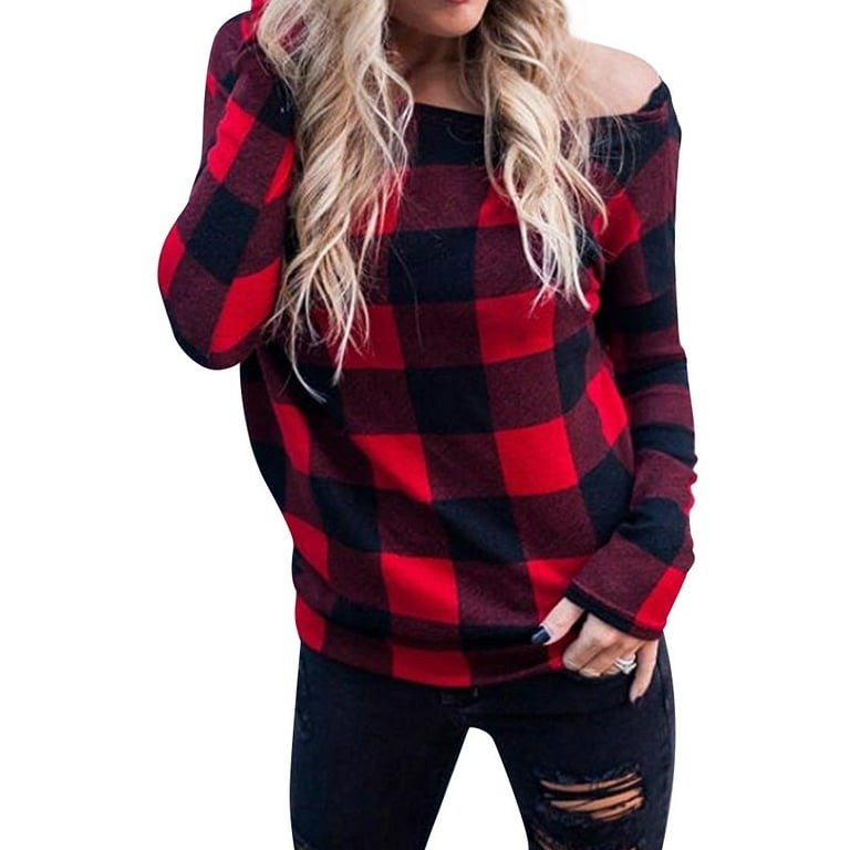STARVNC Women Off Shoulder Plaid Pullover Long Sleeve Top Shirt