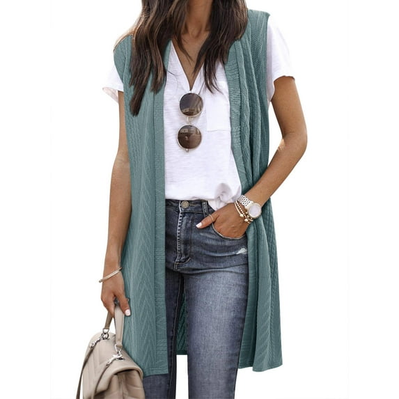 STARVNC Women Open Front Knited Graphic Print Sleeveless Cardigan