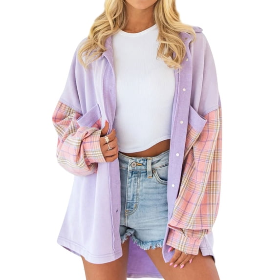 STARVNC Women Plaid Patchwork Single Breasted Pockets Long Sleeve Top