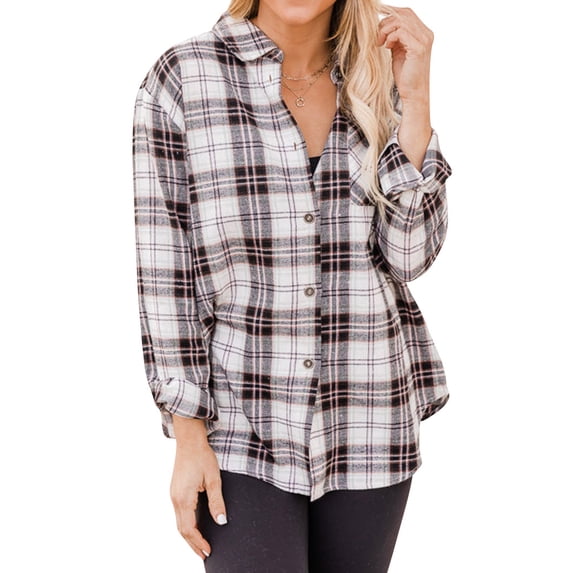 STARVNC Women Plaid Print Lapel Collar Single Breasted Long Sleeve Pocket Blouse