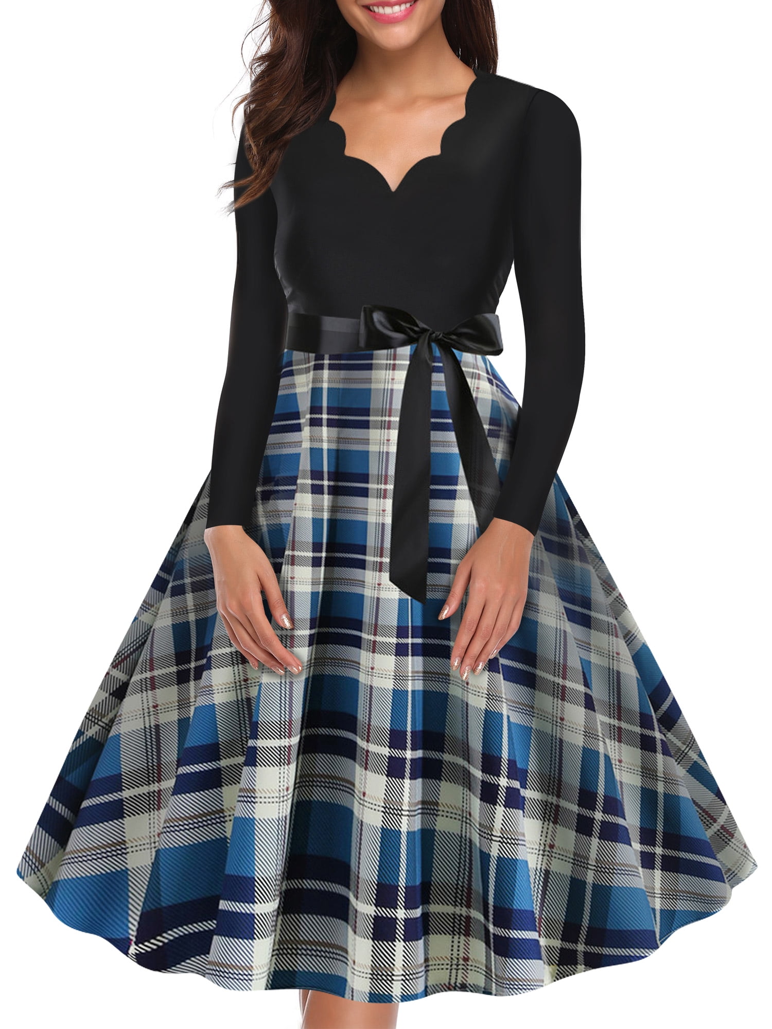 STARVNC Women Plaid Scalloped V Neck Tie Waist Flowy Long Sleeve Midi ...