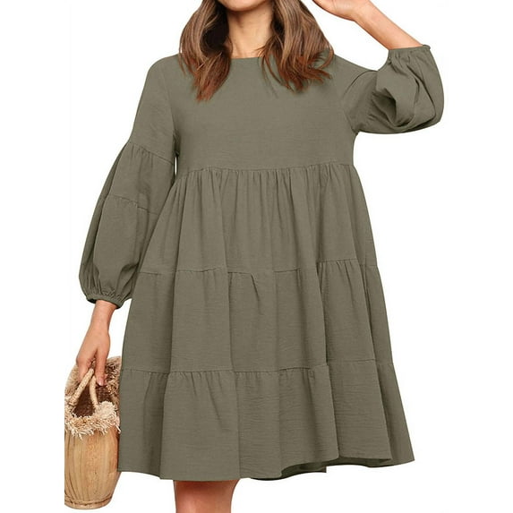 STARVNC Women Pleated Solid Color Long Lantern Sleeve Mini Dress