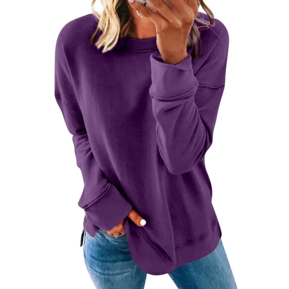 STARVNC Women Round Neck Long Sleeve Side Split T-Shirt