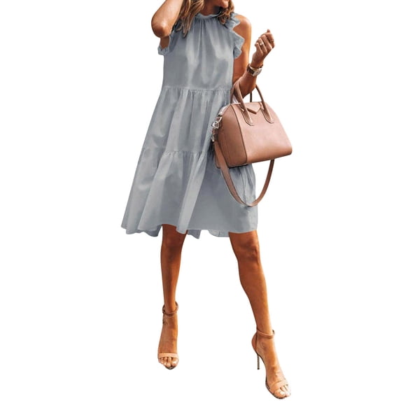 STARVNC Women Ruffle Trim Crew Neck Sleeveless Tiered Mini Dress